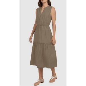 Lands End Sleeveless Tiered Midi Dress Tan Drawstring Waist Safari Jungle Size L